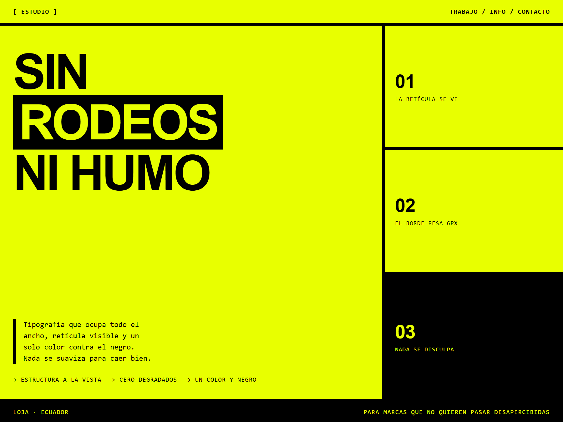 Tablero brutalista: amarillo saturado y negro, bordes gruesos a la vista, tipografía de palo pesada y monoespaciada.