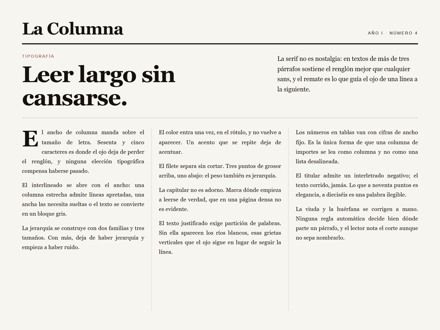 Tablero editorial: cabecera con filete grueso, titular en serif y tres columnas de texto justificado con capitular.