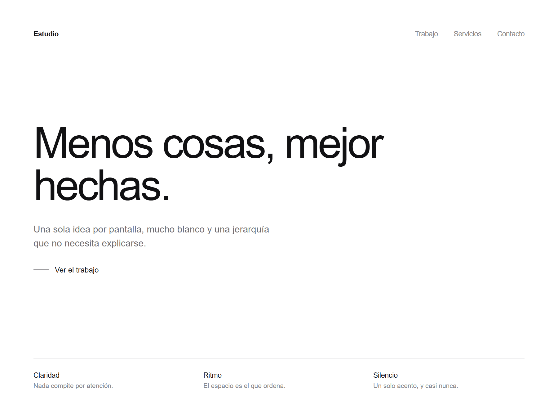Tablero minimalista: fondo blanco, un titular grande de peso medio, mucho espacio y una sola línea de acento.